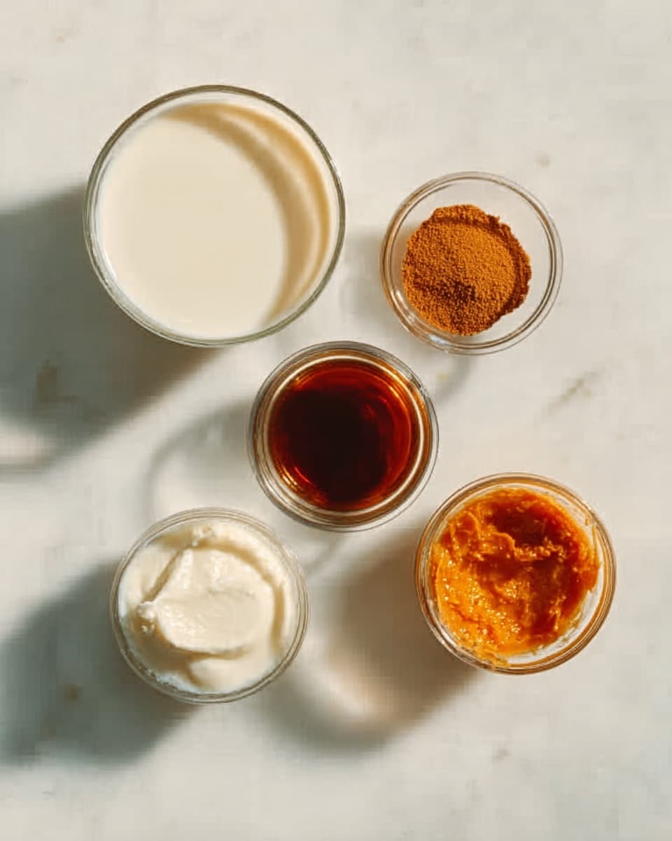 The image shows a white marbled surface with five small glass bowls arranged loosely across it. The largest bowl on the left is filled with a smooth, white liquid. To its right, slightly below, is a smaller bowl holding a thick, white creamy substance. Above these two, there are three small bowls containing different pastes and powders. The bowl on the top left has a brown powder, the middle one below it holds a dark reddish-brown liquid, and the one on the right contains an orange paste with a slightly chunky texture. The lighting is soft and natural, making the colors clear. Photo taken with an iphone --ar 4:5 --v 7