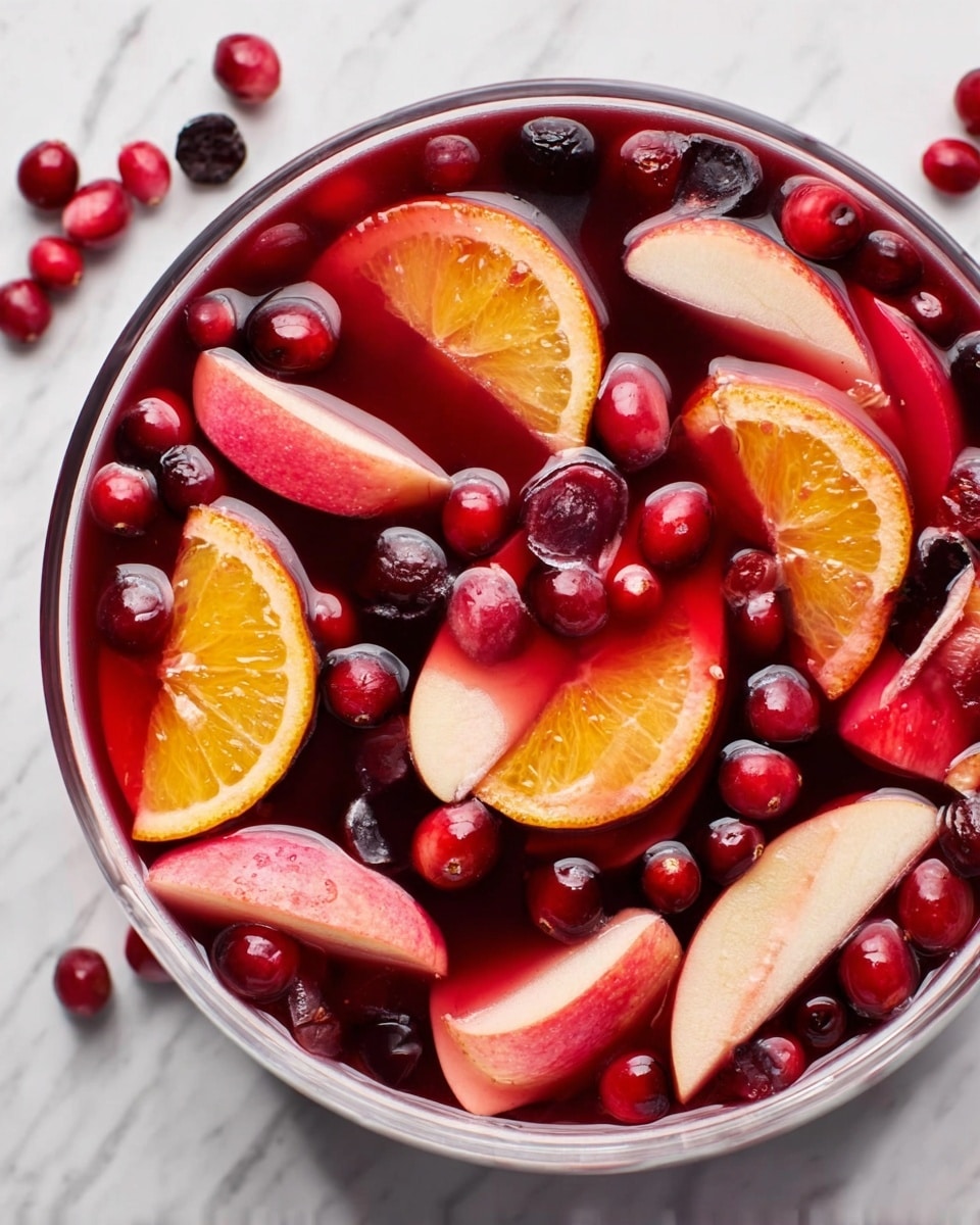 The image shows a close-up of a white bowl filled with a festive punch. The punch has a deep red liquid base, with floating orange slices, pink apple slices, whole bright red cranberries, and dark purple whole grapes. The fruit pieces are spread evenly on the surface, creating a colorful and fresh look. The bowl sits on a white marbled surface. photo taken with an iphone --ar 4:5 --v 7