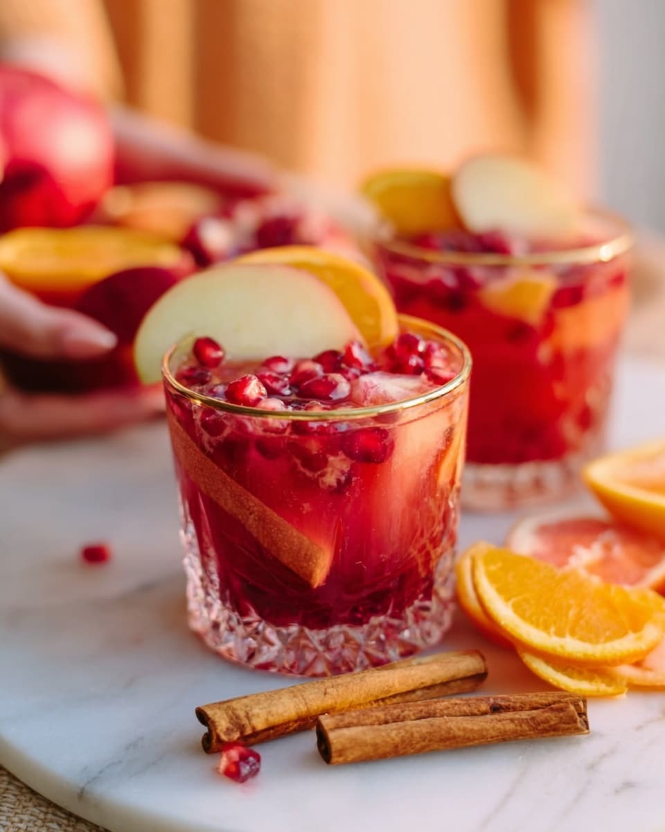 The image shows two clear, short glasses filled with a red drink that looks fresh and fruity. Each glass has a layer of red liquid with small red seeds or pomegranate inside. On top, there is a round slice of pale yellow apple and a wedge of bright orange placed inside the glasses. Next to one glass, there is a cinnamon stick and some more slices of apple and orange on the white marbled surface. The background is softly blurred with warm colors, and a woman's hand is gently holding one glass. The scene feels cozy and fresh, with natural light illuminating the details. photo taken with an iphone --ar 4:5 --v 7