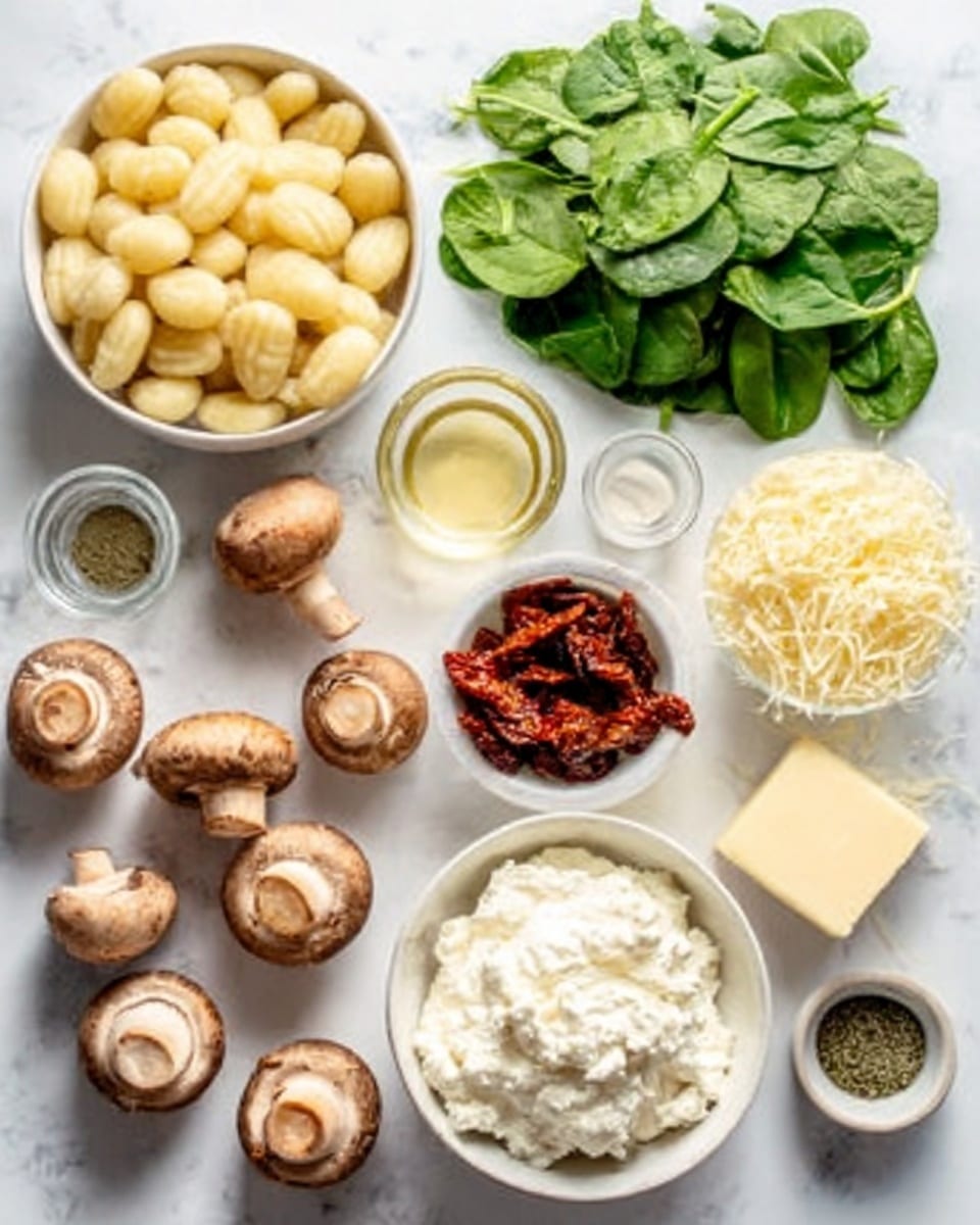 The image shows a white bowl filled with soft, pale yellow gnocchi at the top left, next to fresh green spinach leaves to the right. Below the bowl are several whole brown mushrooms scattered around on a smooth white marbled surface. Near the center is a small white bowl containing sun-dried tomato pieces with a reddish-brown color. Nearby are a small round onion, a glass bowl with clear oil, a tiny bowl with green dried herbs, and a small bowl with a pale yellow liquid, all arranged neatly. A larger white bowl at the bottom right holds grated pale yellow cheese, and in the middle is a white bowl filled with creamy white ricotta cheese. There is also a small square piece of butter on the surface. The overall layout is clean and bright, showing fresh cooking ingredients. photo taken with an iphone --ar 4:5 --v 7