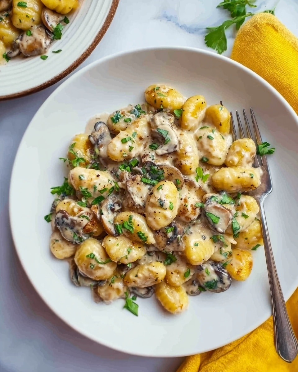 A white plate filled with small, golden-brown gnocchi pieces that have a slightly crispy texture on the outside, mixed with creamy light sauce and topped with chopped green herbs and small mushroom slices scattered throughout. The plate is placed on a white marbled surface, with part of a white plate with similar food visible on the side and a bright yellow cloth nearby. Photo taken with an iphone --ar 4:5 --v 7