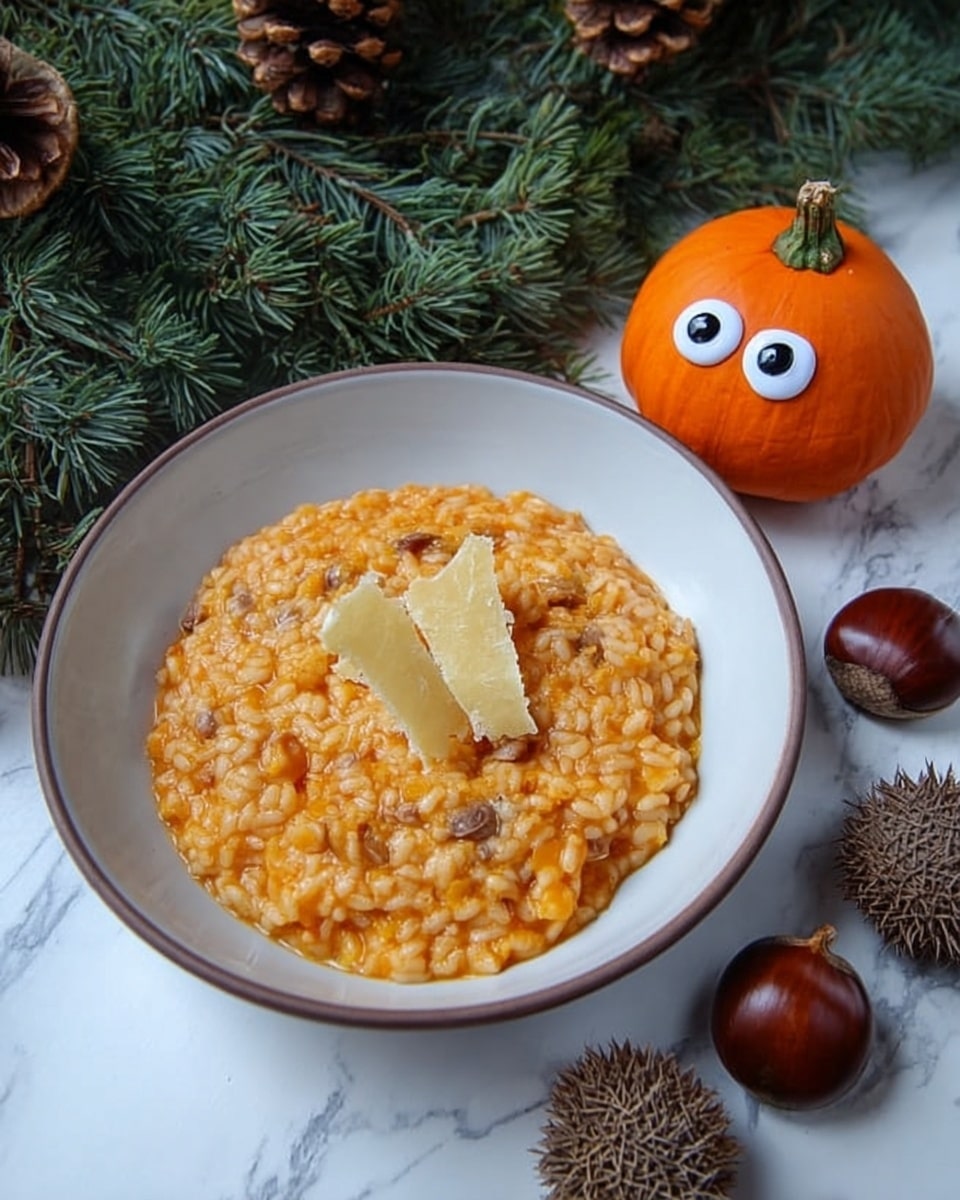 A bowl of orange risotto with visible grains of rice and a creamy texture fills a white bowl. On top, there are two pieces of thin, light yellow crisp cheese standing upright in the center. Around the bowl, the scene includes a small orange pumpkin with googly eyes placed on the right, two spiky chestnut shells, and three smooth brown chestnuts, all resting on a white marbled surface. Pinecones and green pine leaves form a natural backdrop on the left side of the composition. photo taken with an iphone --ar 4:5 --v 7