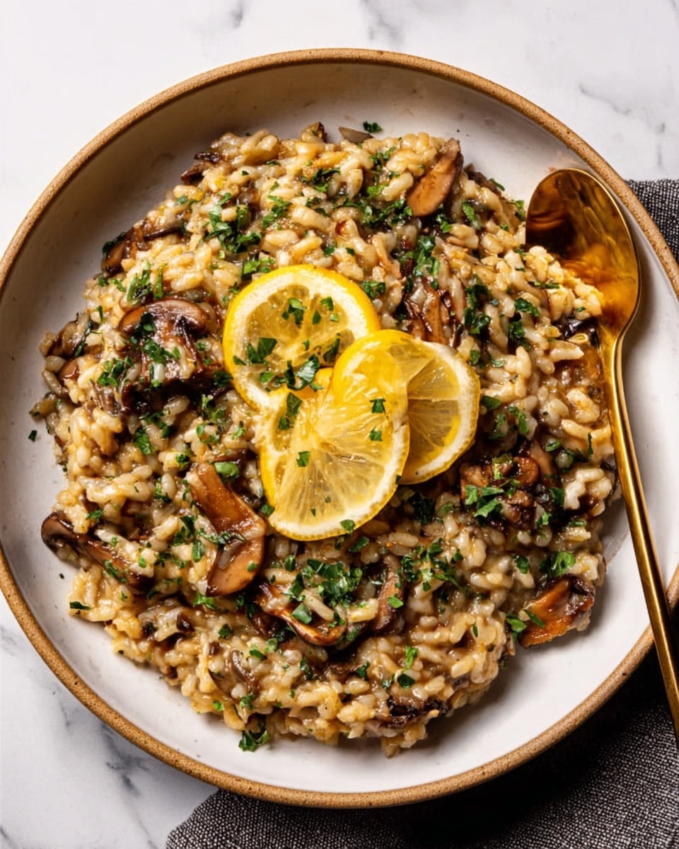 The dish shows several layers of risotto mixed with small pieces of mushrooms, giving a creamy texture and a light brown color with hints of white grains. Scattered throughout are finely chopped green herbs adding a fresh green accent. On top, two lemon wedges rest neatly in the center, adding a bright yellow contrast. The whole dish sits in a white bowl placed on a white marbled surface, with a gold spoon on the side partly under the food. photo taken with an iphone --ar 4:5 --v 7
