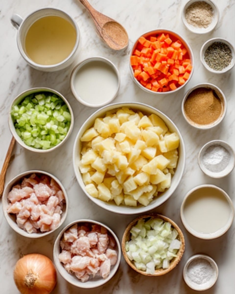 The image shows several white bowls and small white containers arranged neatly on a white marbled surface. In the center is a white bowl full of peeled and chopped potatoes, light yellow in color and chunky in texture. Surrounding it are smaller white bowls holding bright orange chopped carrots, light green celery pieces, finely chopped white onions, and many small pieces of light pink chicken. There are also small white containers with various liquids and powders: a clear white creamy liquid, honey-colored oil, white flour, milk, salt, and black pepper. A wooden spoon is partially visible at the bottom left, resting near the onion bowl. The overall scene is bright and clear with all ingredients organized. photo taken with an iphone --ar 4:5 --v 7