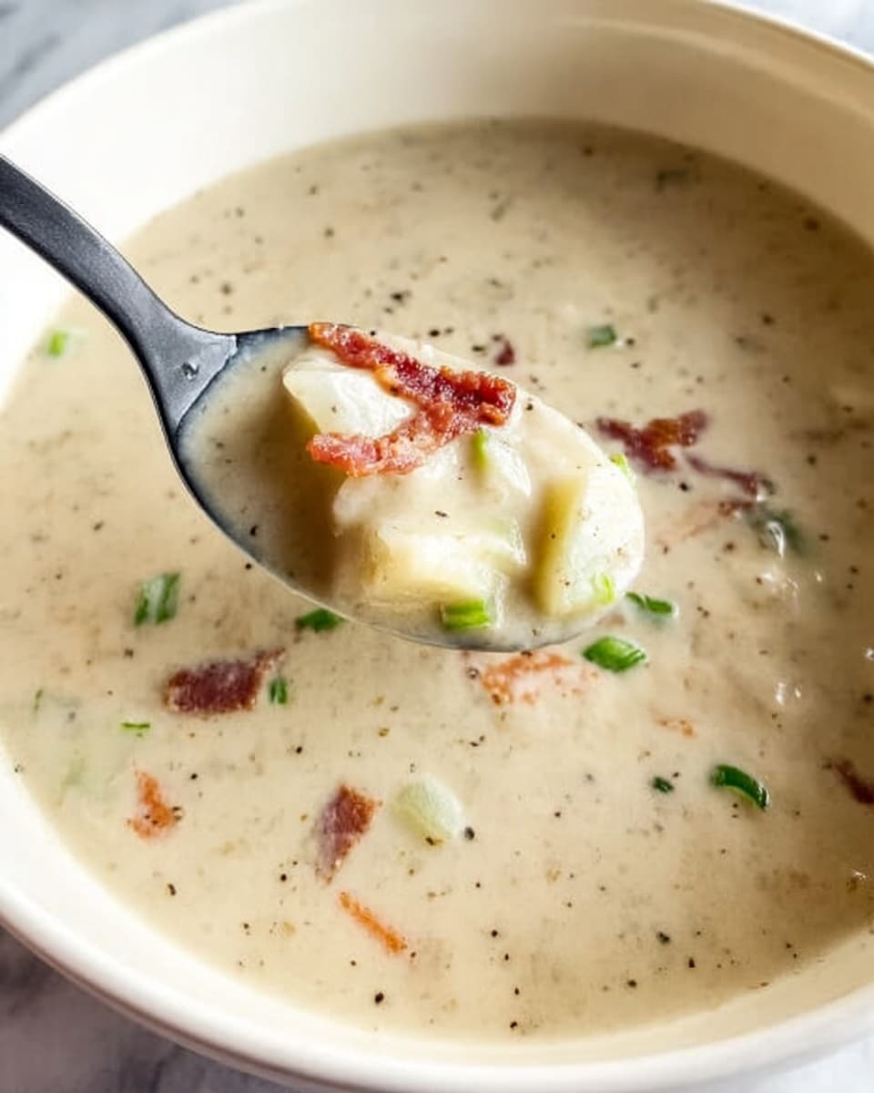 A close-up image shows a thick creamy soup in a white bowl resting on a white marbled surface. The soup is light beige in color with small chunks of potatoes, bits of green onions, and thin pieces of reddish-brown bacon mixed evenly throughout. A black spoon is scooping some of the soup, clearly displaying the chunky texture with the potatoes and bacon pieces against the creamy base. The overall look is rich and smooth with visible small flecks of black pepper. The photo taken with an iphone --ar 4:5 --v 7
