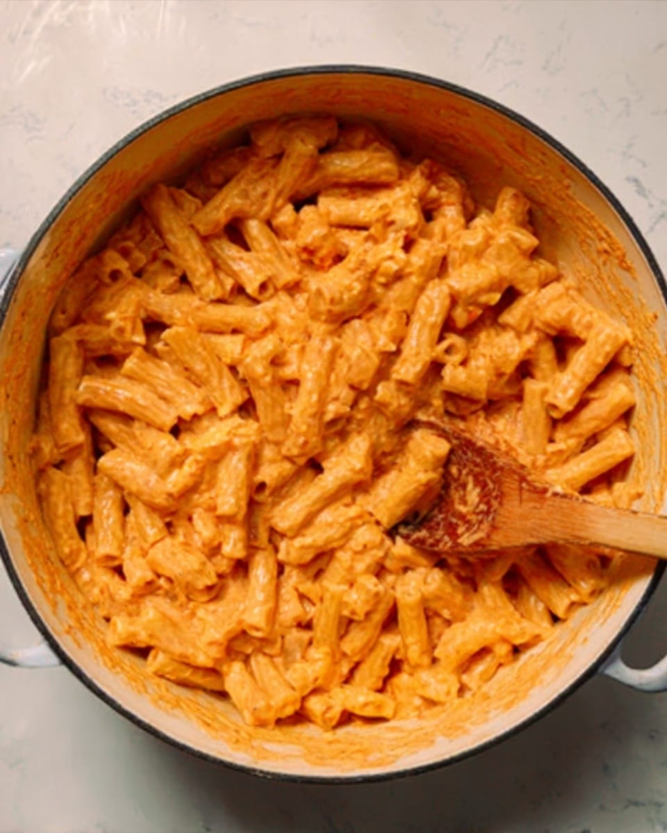 The image shows a white pot filled with pasta coated in a creamy orange sauce. The pasta pieces are short and tube-shaped, mixed evenly with chunks of a lighter ingredient that looks soft and tender. An orange wooden spoon rests inside the pot, partially covered with the saucy pasta. The background features a white marbled texture surface partially visible around the pot. photo taken with an iphone --ar 4:5 --v 7