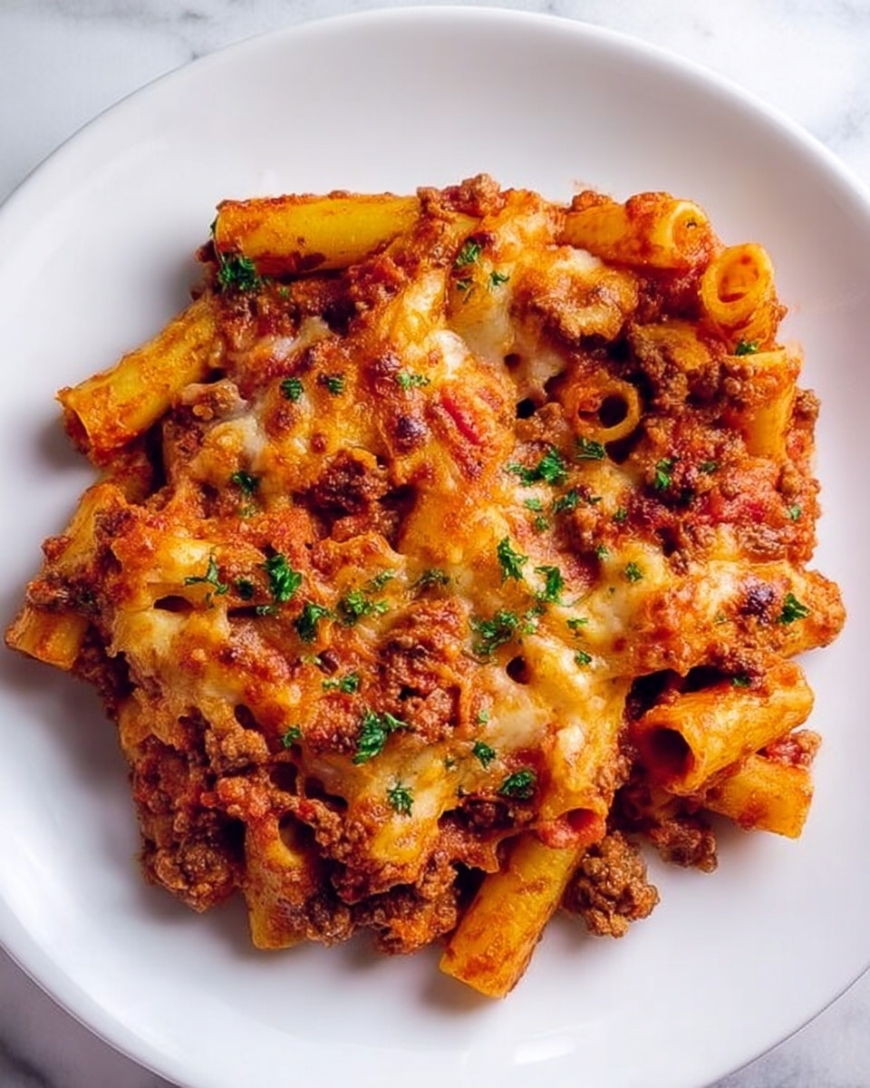 A white plate holds a single large layer of baked pasta mixed with minced beef and rich tomato sauce. The pasta is tube-shaped, soft, and coated evenly with the thick red sauce that has browned spots of melted cheese. Small green parsley pieces are scattered on top, adding a touch of freshness and color contrast to the warm, hearty dish. The plate sits on a white marbled surface. photo taken with an iphone --ar 4:5 --v 7