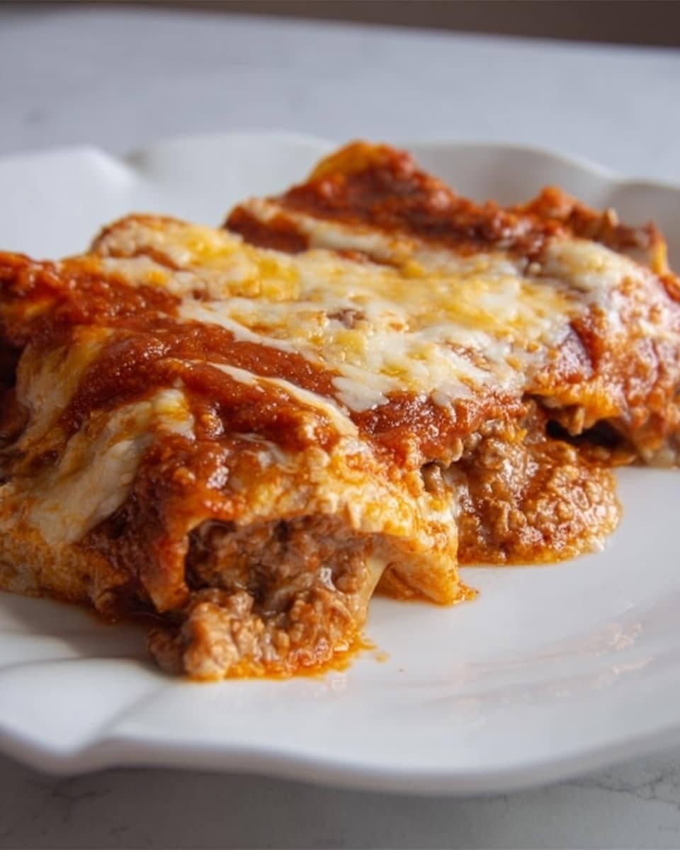 The image shows a close-up of two layered enchiladas placed side by side on a white plate with a wavy edge. The top layer is melted cheese that is golden brown in some spots and slightly bubbly, covering a thick, rich red sauce that peeks through around the edges. Under the sauce, you can see the texture of soft tortillas wrapped around a filling that looks like ground meat mixed with sauce. The enchiladas look moist and slightly oily, sitting on a white marbled surface in soft natural light. photo taken with an iphone --ar 4:5 --v 7