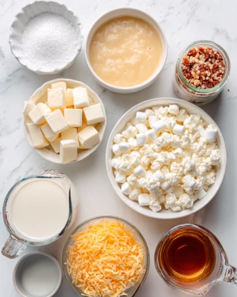 The image shows several containers arranged neatly on a white marbled surface, each holding a different ingredient. At the top left, there is a small white bowl filled with white granulated sugar next to a white bowl with a creamy beige mixture. To the right, a glass jar contains crunchy, crushed red bits. Below these, a large white bowl is filled with white mini marshmallows. In front of this is a smaller glass container holding white cubes of butter. To the left, a transparent measuring cup contains white milk, and next to it, a white bowl is filled with shredded orange cheese. At the bottom right, a glass pitcher contains brown liquid. All containers have clear textures showing the ingredients inside, set on the smooth white marbled background. The arrangement is tidy and all items are clearly visible, photo taken with an iphone --ar 4:5 --v 7