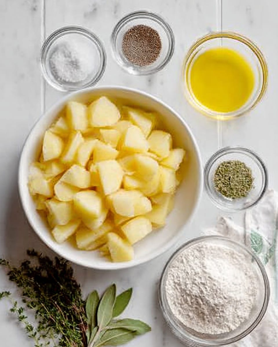 A white bowl filled with peeled and chopped light yellow potatoes sits on a white marbled surface. Around the bowl, there are small clear glass bowls holding ground black pepper, dried herbs, and some salt. To the side, there is a small clear bowl of bright yellow oil, a mound of white flour, a few green bay leaves, and a small bunch of fresh thyme with green leaves. The scene is well-lit and organized in a neat way, showing all ingredients clearly. Photo taken with an iphone --ar 4:5 --v 7