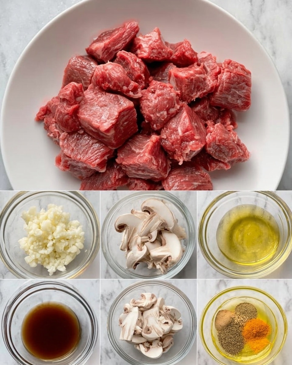 The image shows five separate photos laid out in a grid. The main photo at the top displays a white plate filled with raw red meat chunks, uneven and slightly thick, with visible muscle texture. Below, four smaller photos show ingredients: the first is minced white garlic in a clear glass bowl with fine texture; the second shows a small amount of dark brown liquid in a clear glass bowl, smooth and shiny; the third is sliced white and beige mushrooms in a small clear glass bowl with a soft texture; the fourth is a yellowish clear liquid, likely oil, in a small clear glass bowl reflecting light; the last is a white bowl with mixed spices including white powder, yellow turmeric, and red pepper placed separately inside. All items rest on a white marbled surface. The photo taken with an iphone --ar 4:5 --v 7