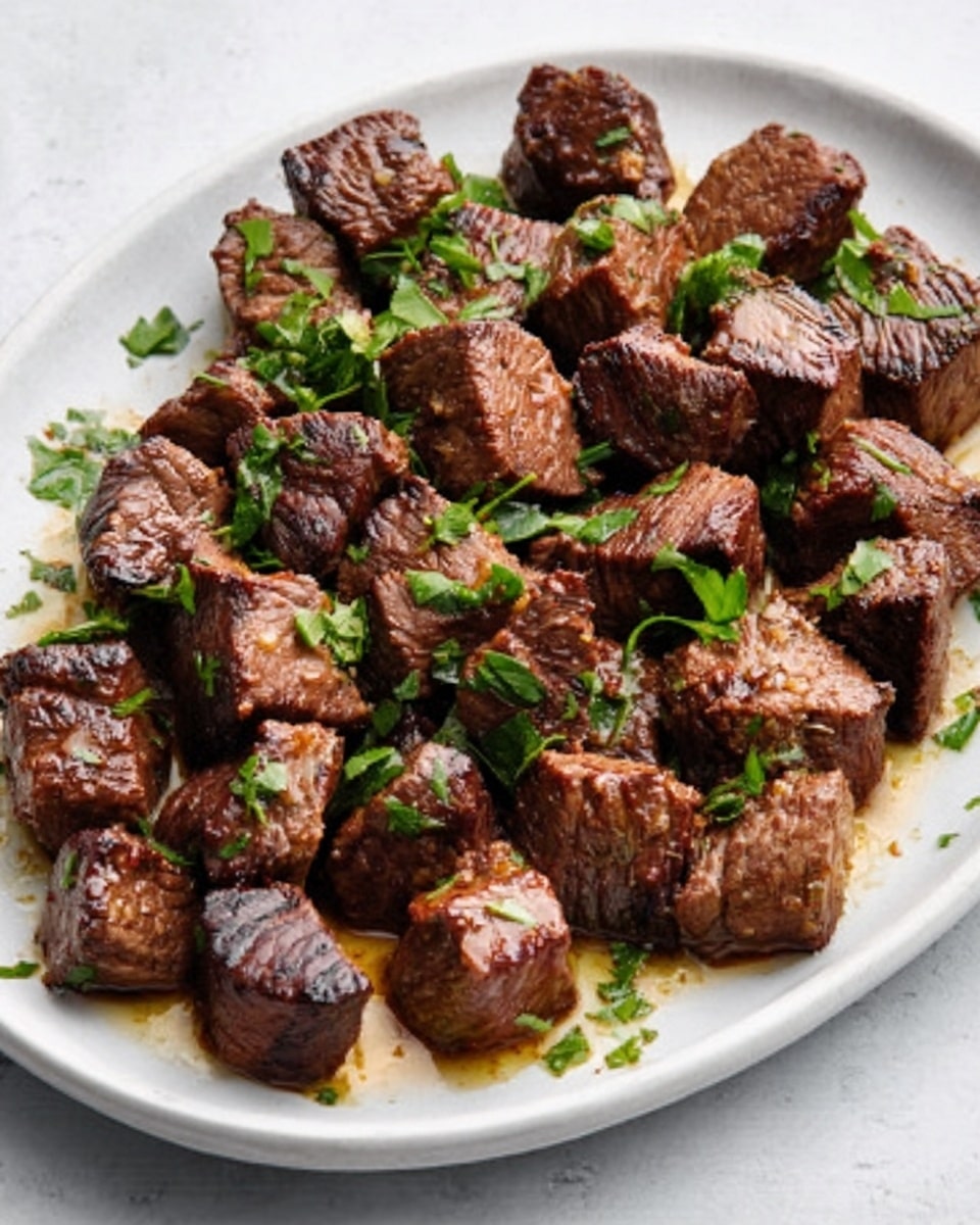 The image shows a white oval plate filled with small pieces of cooked beef cubes. The beef is dark brown and looks tender, with some pieces showing grill marks. Bright green chopped herbs are scattered on top of the beef, adding a fresh contrast. The plate is placed on a white marbled surface, and some juices from the meat create a slight shine around the pieces. Photo taken with an iphone --ar 4:5 --v 7