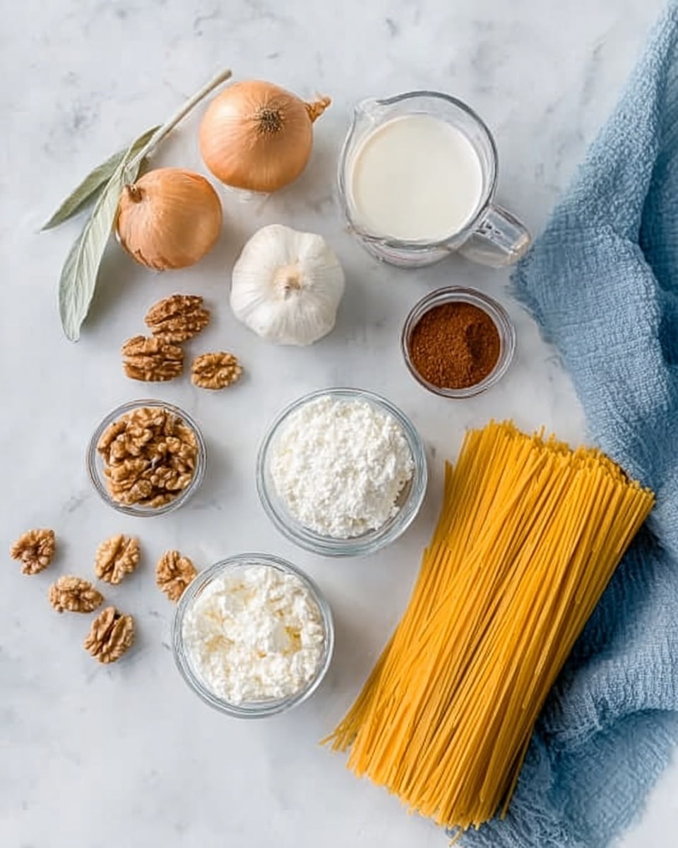 The image shows ingredients neatly arranged on a white marbled surface, including a large bundle of uncooked yellow pasta on the right side. There are clear glass bowls scattered around holding white ingredients like ricotta cheese or sour cream, along with walnuts and some brown powders that might be spices. Whole white onions and garlic bulbs are placed in the upper left corner, and a measuring cup with milk is in the upper right. A blue cloth is partially visible near the top right. The setting is bright and clean, focusing on preparation items before cooking. Photo taken with an iphone --ar 4:5 --v 7