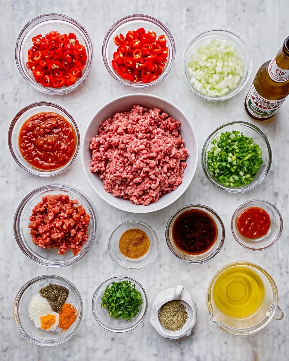 The image shows many small clear glass bowls and a white bowl on a white marbled surface. The white bowl holds raw ground meat with a pink and red color. Surrounding the bowl are small clear glass bowls filled with chopped red bell peppers, chopped green herbs, bright red sauce, dark brown sauce, small amounts of spices in light brown, orange, and green colors, and chopped white onions. There are also two small white bowls with a yellow liquid and a pale yellow liquid, a glass mug with light yellow liquid, and a bottle of light beer on the right side. Everything is arranged neatly in rows on the surface. photo taken with an iphone --ar 4:5 --v 7