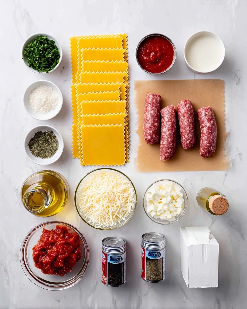 This image shows the ingredients for lasagna arranged neatly on a white marbled surface. In the center are eight uncooked yellow lasagna sheets with wavy edges, beside a square piece of brown parchment paper holding five raw sausage links with a pinkish-red color and some white fat specks. To the left are small white bowls holding chopped green parsley and minced white garlic, next to an opened small red can of tomato paste. Below this is a clear bowl of shredded mozzarella cheese and a smaller bowl of grated Parmesan cheese. To the right of the sausages are two unopened cans of red diced tomatoes, a small glass olive oil bottle with a wooden stopper, a clear bowl of chopped white onions, and a white rectangular carton of cream or milk. In front are three spice jars labeled black pepper, salt, and Italian seasoning, along with a small white dish of dried herbs. Photo taken with an iphone --ar 4:5 --v 7
