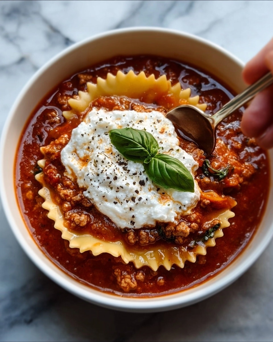 A white bowl filled with rich red tomato sauce at the base, mixed with small chunks of cooked sausage. On top is a single round lasagna noodle, ruffled at the edges and sitting flat in the center of the bowl. Over the noodle is a generous dollop of white ricotta cheese sprinkled lightly with black pepper and a fresh green basil leaf placed delicately on top. A woman's hand is holding a spoon inside the bowl, ready to scoop. The bowl is placed on a white marbled surface. Photo taken with an iphone --ar 4:5 --v 7