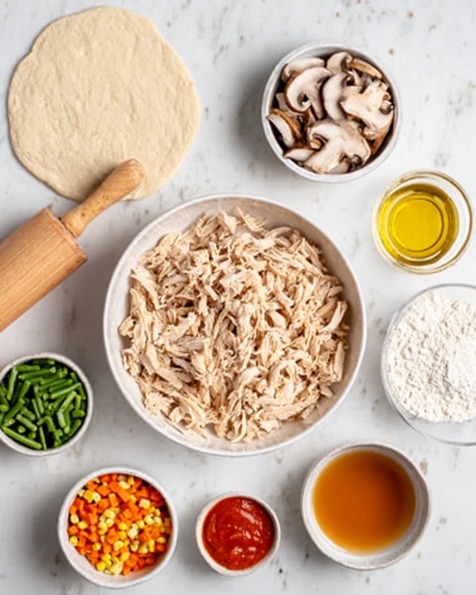 A white bowl in the center is full of shredded cooked chicken, light beige in color with a soft texture. Around the main bowl are smaller white bowls with different ingredients: sliced light brown mushrooms at the top right, a small amount of yellow oil in the middle right, white flour at the bottom right, bright orange-red sauce at the bottom left, a mix of chopped green beans, carrots, and corn in the middle left, and a light brown liquid broth in the bottom center. A rolling pin with a wooden texture lies at the top left on a white marbled surface. To the left of the main bowl is a woman's hand holding a piece of dough round and flat, pale cream color. Photo taken with an iphone --ar 4:5 --v 7
