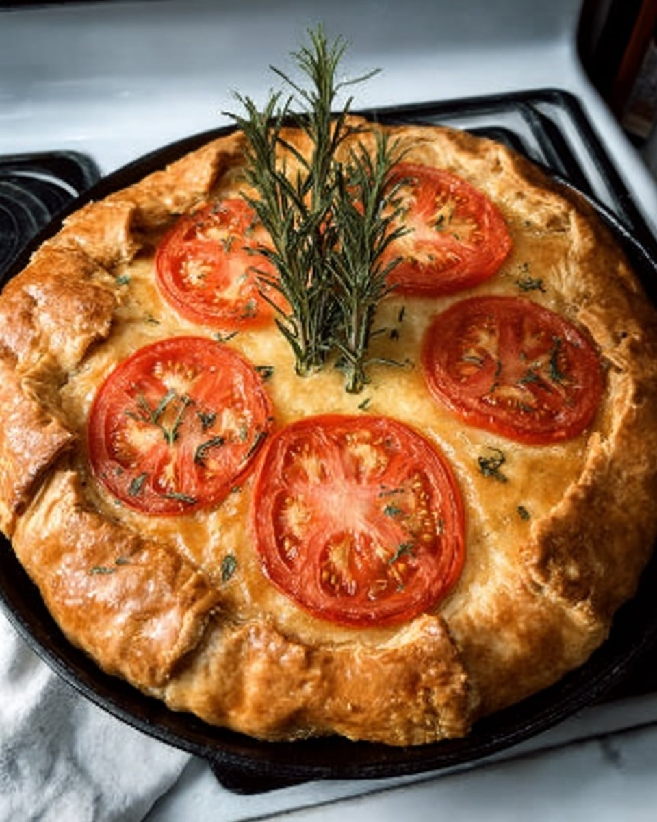 The image shows a golden-brown baked pie with six slices of red tomato arranged evenly on top. The crust looks thick and flaky, with a slightly puffed texture around the edges. In the center of the pie, there are green rosemary sprigs standing upright as decoration. The pie sits in a black pan, placed on a white marbled surface. The background shows part of a white stove. photo taken with an iphone --ar 4:5 --v 7
