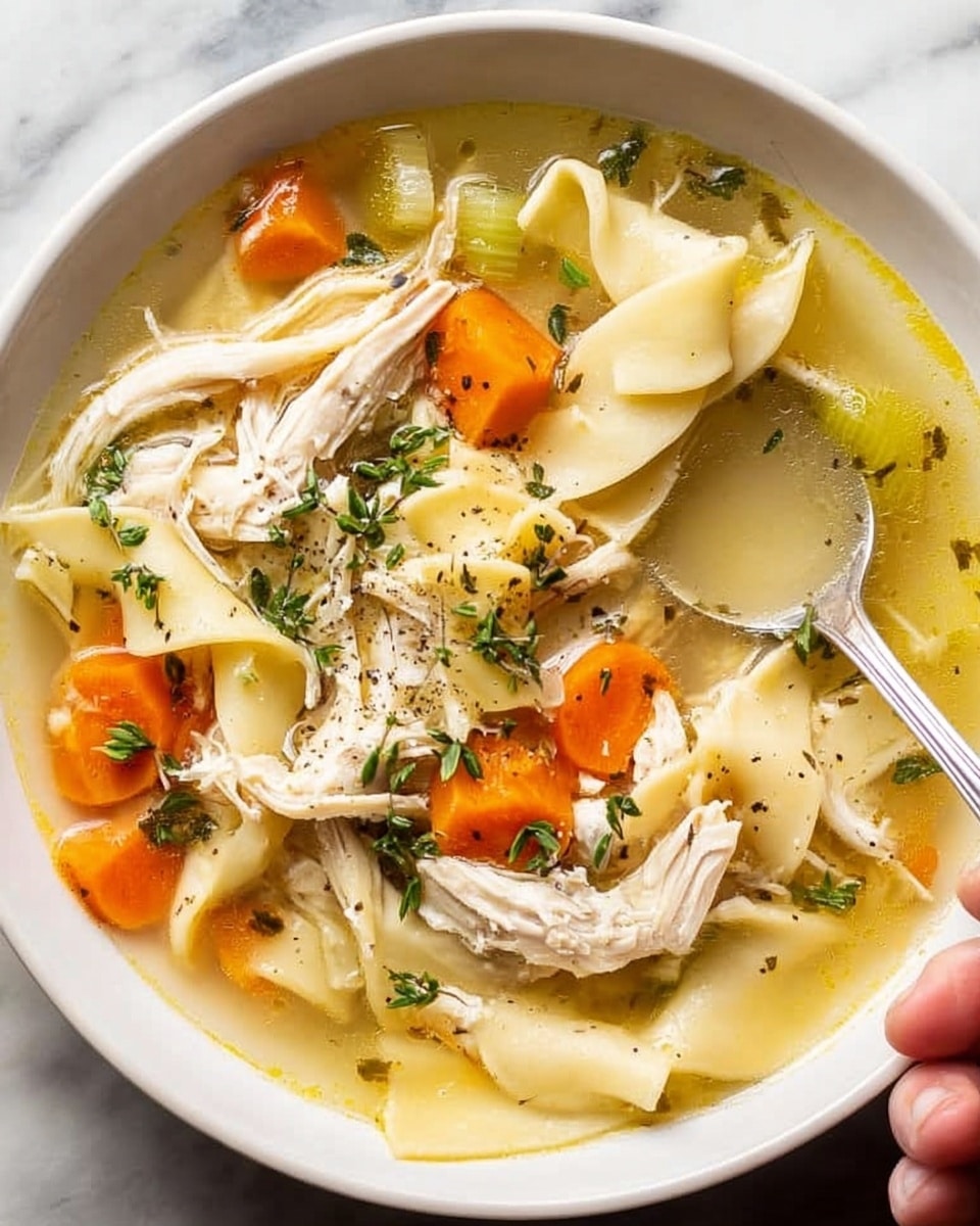 A white bowl filled with clear chicken soup that has small pieces of white chicken meat, bright orange carrot slices, and green herbs floating in the broth. A shiny silver spoon is held by a woman's hand, lifting some chicken, carrot, and herbs from the soup. The scene is set on a white marbled surface with two lemon wedges placed in the background. The image looks fresh and warm. photo taken with an iphone --ar 4:5 --v 7