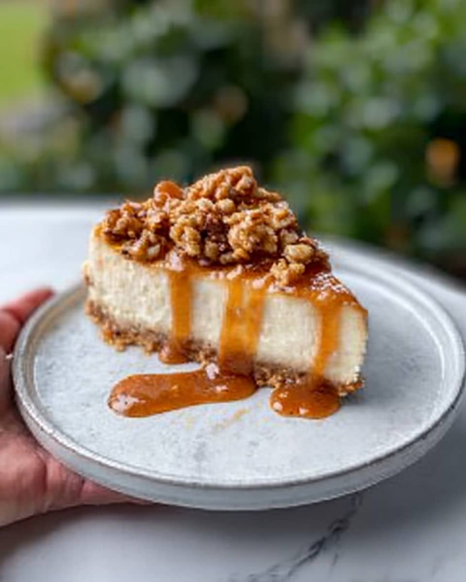 A slice of cheesecake sits on a white plate with a smooth creamy off-white base layer. On top of the cheesecake is a layer of small golden brown nuts that add texture. A thick caramel sauce is drizzled over the nuts and cheesecake, some of it pooling on the plate with a shiny, rich amber color. The white plate rests on a white marbled surface and a woman's hand is holding the plate from the edge. The background shows blurred greenery. Photo taken with an iphone --ar 4:5 --v 7