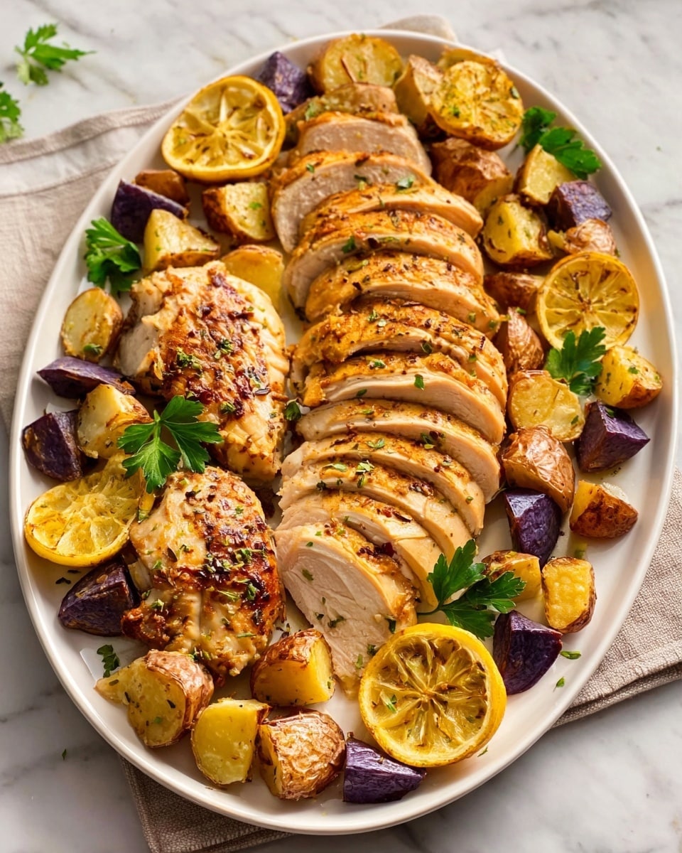 A whole raw chicken lies on a round white plate with brown stripes, showing its pale pink skin and trussed legs. Around it are small white and green ceramic bowls holding different ingredients: chopped onion quarters in one bowl with light blue-green tones, bright yellow lemon slices in another, and small mounds of minced garlic, yellow butter balls, and dried herbs scattered in other bowls. There is a small black plate with coarse white salt and another small bowl with black pepper. Two fresh green sprigs of rosemary and thyme lie in the center on the white marbled surface, along with a glass bowl filled with a dark amber liquid and a tiny bowl with lemon zest. The scene is lit softly with clean light, and a woman's hand holds a deep blue empty bowl from the edge, ready to add to the preparation. The whole setup is arranged neatly on a white marbled surface photo taken with an iphone --ar 4:5 --v 7