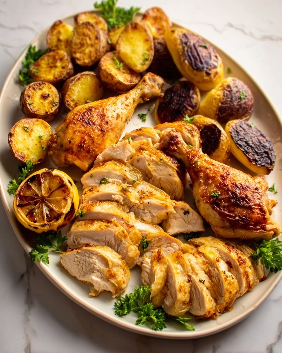 A white plate on a white marbled surface holds a roasted chicken arrangement with multiple layers. On one side, two whole roasted chicken legs with golden-brown crispy skin rest. In the center, there are several slices of tender, juicy chicken meat, showing a light pink and golden color inside. Surrounding the chicken are roasted potato halves with crispy, browned edges and soft yellow centers, some potatoes showing dark purple skin. Half a roasted lemon with caramelized skin is placed near the chicken legs, and some green parsley adds a fresh touch on the side. The lighting highlights the textures, making the food look warm and inviting. photo taken with an iphone --ar 4:5 --v 7