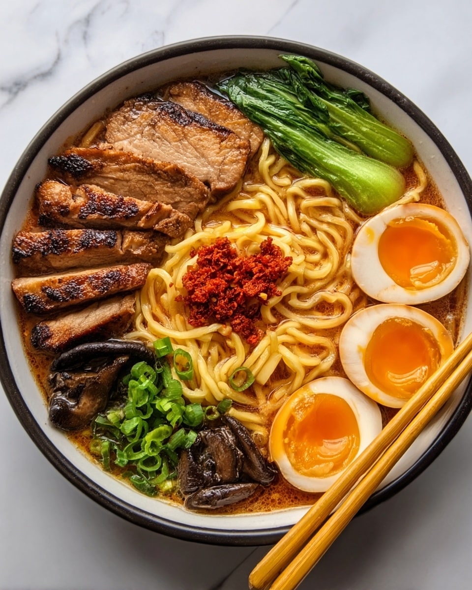 A white bowl sits on a white marbled surface, filled with a rich broth base tinted reddish-orange. Inside the broth are twisted yellow noodles taking up most of the bowl's middle area. On the right side, there are layers of sliced cooked meat with light brown and beige tones, adding texture and depth. On the left side, two halves of a soft-boiled egg with bright yellow yolks and white edges are placed closely. The broth has some black pepper sprinkled lightly on the eggs and meat. photo taken with an iphone --ar 4:5 --v 7