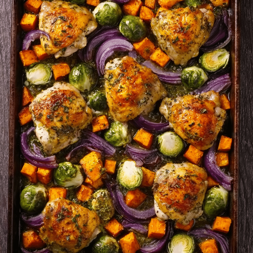 One-Pan Apple Cider Chicken and Brussels Sprouts Recipe - Recipe Image