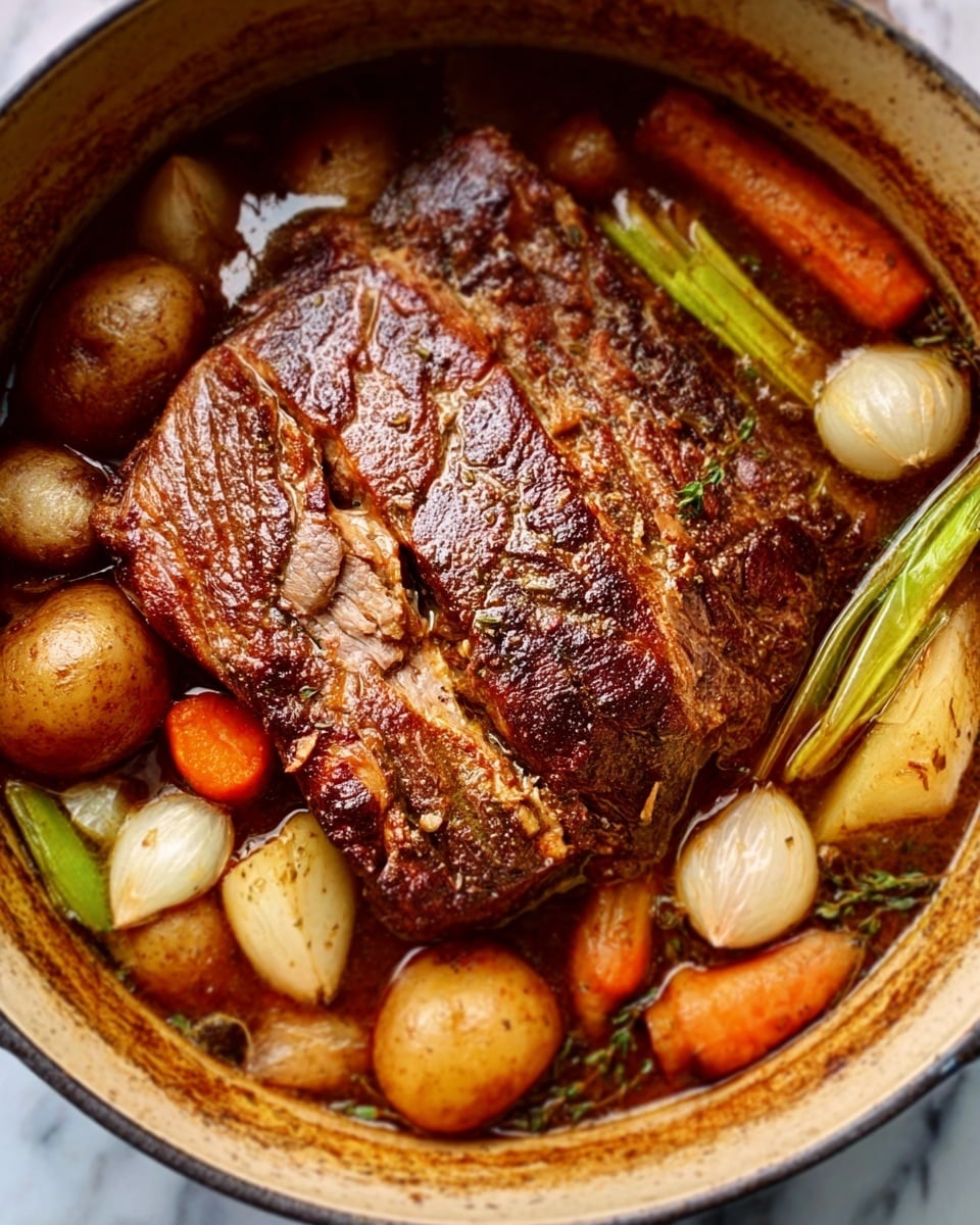 A close-up image of a cooked meat dish in a round white pot on a white marbled surface. The top layer shows a large, browned piece of meat with visible texture and well-seared edges. Around the meat, there are light brown and beige vegetables including whole garlic cloves, small potatoes, carrot pieces, and celery stalks, partially soaked in a brown broth at the bottom of the pot. The colors range from rich brown of the meat to pale beige and orange of the vegetables. The photo taken with an iphone --ar 4:5 --v 7