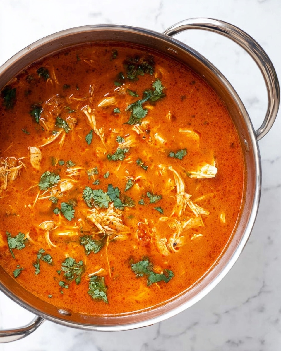 A shiny silver pot is filled with a thick orange-red soup that has visible chunks of light-colored meat and pieces of red tomato. The soup is sprinkled with small, torn green herbs scattered on the surface. A wooden spoon with a white handle is stirring the soup inside the pot. The pot sits on a white marbled surface. Photo taken with an iphone --ar 4:5 --v 7