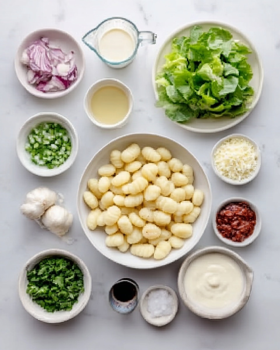The image shows several white bowls and measuring cups arranged on a white marbled surface, each holding different ingredients. At the center is a large white bowl filled with small, pale yellow gnocchi. Surrounding it are smaller white bowls containing chopped green leafy lettuce, small chopped red onions, finely chopped green herbs, creamy white sauce, and a clear golden liquid. There is also a measuring cup with cream or milk, a small cup with a dark sauce, a small white container of garlic, a small white bowl with a reddish chunky sauce, and a pinch of white salt on the side. All containers are placed neatly, viewed from above. photo taken with an iphone --ar 4:5 --v 7