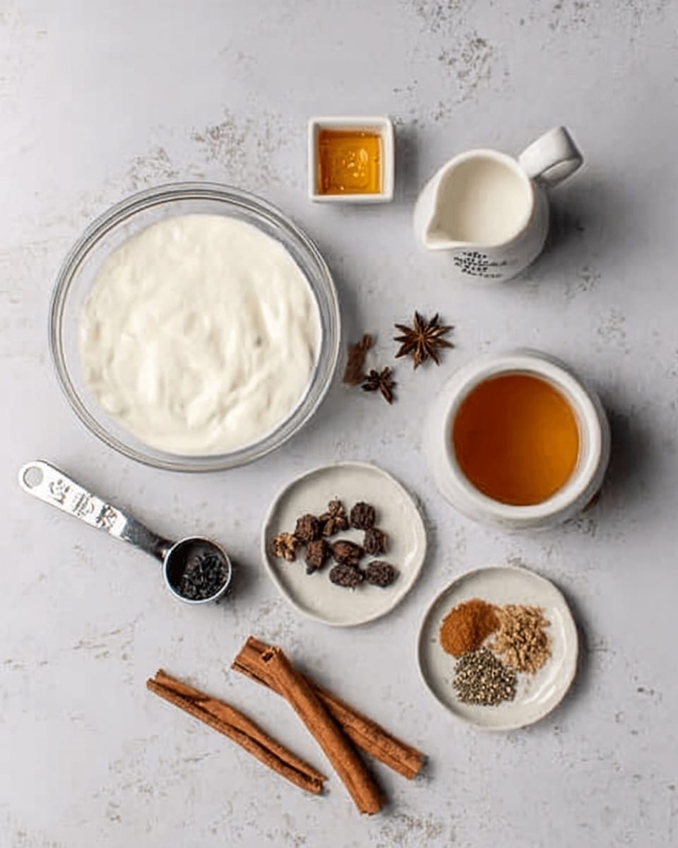 The image shows ingredients arranged neatly on a white marbled surface, including a large clear glass bowl filled with thick white cream. Near the bowl, there is a small white square dish with golden honey and another white round dish with various brown spices like cinnamon sticks, nutmeg, and star anise. A white ceramic measuring cup with liquid, possibly milk, is also present. A silver ice cream scoop holding a single dark-colored berry lies nearby. Two cinnamon sticks are placed side by side in front of the dishes, all arranged in an organized and clean style. Photo taken with an iphone --ar 4:5 --v 7