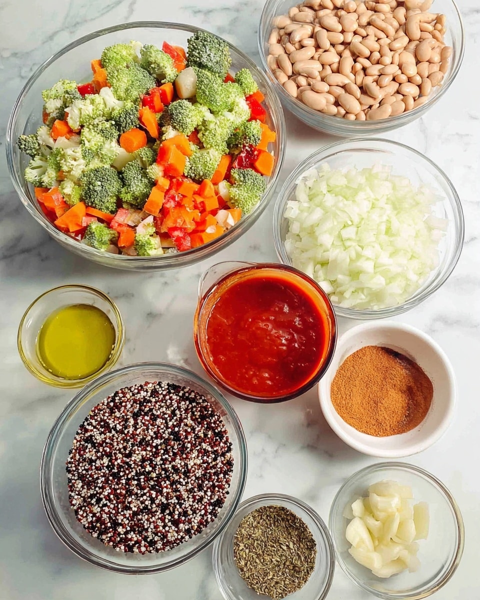 Several clear glass bowls and one white bowl are arranged on a white marbled surface. The largest glass bowl holds a mix of frozen vegetables in bright green, orange, red, and yellow colors with visible broccoli and carrots. Next to it is a smaller glass bowl filled with light brown beans. Another glass bowl contains finely chopped white onions. In the center, a medium glass bowl is filled with a mix of black, white, and red quinoa grains. A clear cup with thick red tomato sauce is near the middle. There is a small white bowl containing a yellow liquid, possibly oil, and another small white bowl with mixed dried herbs and spices. A red bowl holds a tan, crumbly powder, and a very small clear bowl contains thin slices of pale yellow garlic. The photo was taken with an iphone --ar 4:5 --v 7