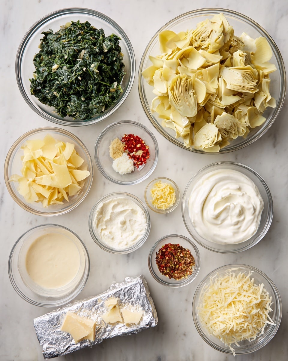 The image shows several small clear glass bowls arranged on a white marbled surface, each containing different ingredients for a recipe. There is one large bowl of chopped cooked spinach, one medium bowl with roughly chopped artichoke hearts in light yellow tones, and a medium bowl filled with pale yellow strips that look like cheese or potato. Three small glass bowls contain minced garlic, red chili flakes, and light lemon zest. Additionally, there is a small bowl of grated white cheese, a larger bowl of white creamy sour cream or yogurt, a medium bowl of a light beige creamy sauce, and a small bowl of shredded white cheese. There is also a wedge of cream cheese partially unwrapped in silver foil showing the white cream inside. Everything is laid out neatly from an overhead view, with soft natural lighting. Photo taken with an iphone --ar 4:5 --v 7