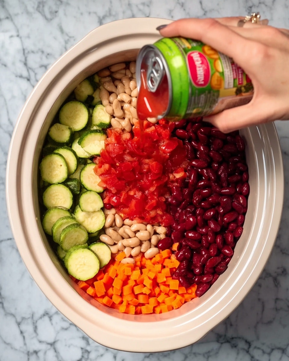 A white slow cooker filled with six neatly arranged layers of ingredients: bright green sliced zucchini in the upper left, vibrant red chopped tomatoes in the middle top, dark red kidney beans on the middle left, light beige beans on the middle right, and small bright orange carrot pieces at the bottom. A woman's hand is pouring a can of diced tomatoes over the layers. The white marbled surface is visible around the slow cooker. Photo taken with an iphone --ar 4:5 --v 7