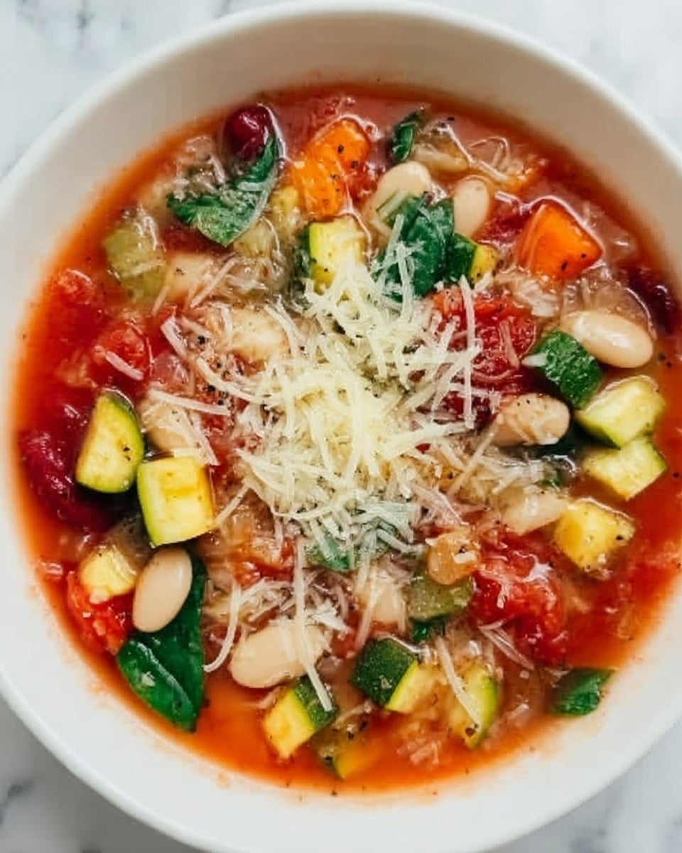 A white bowl filled with a colorful vegetable soup sits on a white marbled surface. The soup shows several layers and textures: a bright red tomato broth forms the base, filled with chopped zucchini pieces in green and yellow tones, white beans, orange carrot slices, and translucent onion bits. The center of the soup is topped with a small pile of shredded cheese, pale yellow in color, and some fresh green spinach leaves slightly wilted by the heat. The combination of chunky vegetables and smooth broth creates a rich, inviting appearance. photo taken with an iphone --ar 4:5 --v 7
