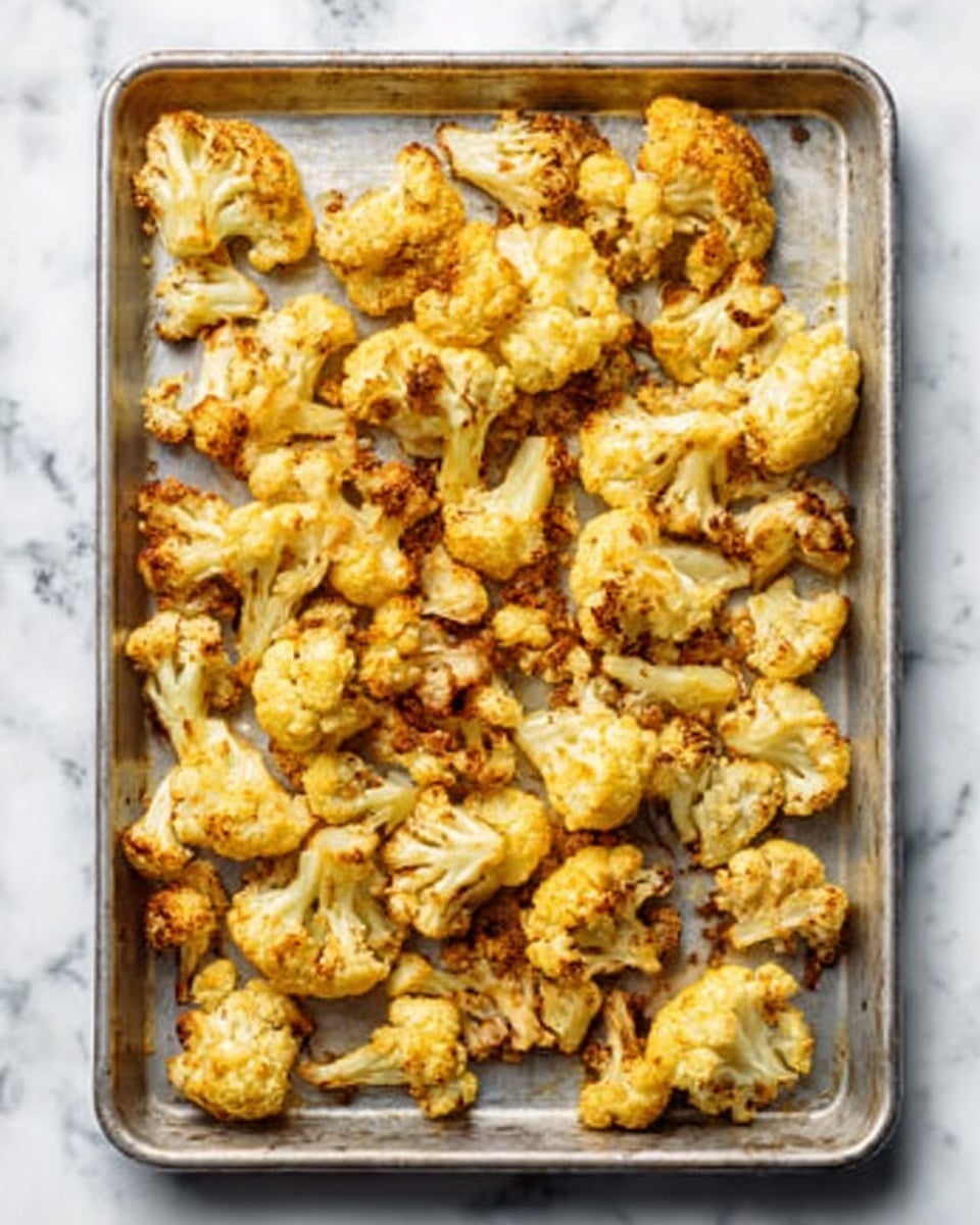 The image shows a metal baking tray filled with multiple pieces of roasted cauliflower. The cauliflower pieces have a golden brown color with some darker, crispier spots, indicating they are roasted well. The texture of the florets is slightly rough with some charred edges, and they are spread out evenly on the tray. The tray sits on a white marbled surface. Photo taken with an iphone --ar 4:5 --v 7