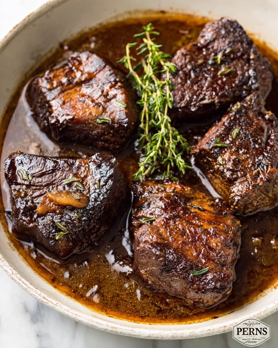 The image shows four pieces of dark brown, roasted meat with a caramelized surface, placed closely together in a white bowl. The meat has a rough and slightly shiny texture with visible grill marks and a sprig of fresh green thyme on top. The bowl sits on a white marbled surface, creating a clean and bright background. There is some thick brown sauce around the meat, which looks rich and glossy. photo taken with an iphone --ar 4:5 --v 7