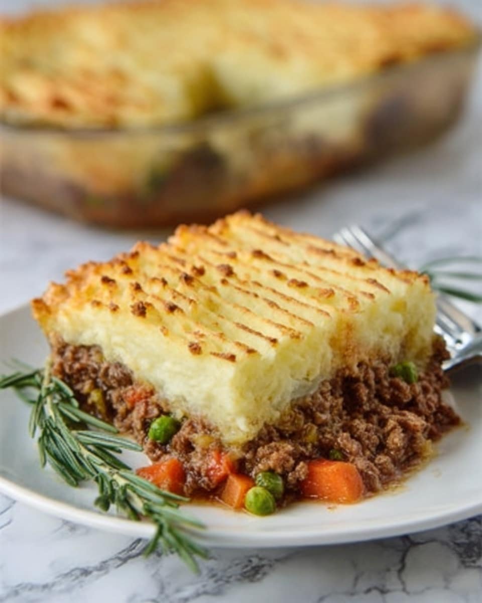 The image shows a single slice of shepherd's pie on a white plate placed on a white marbled surface. The pie has two main layers: the bottom layer consists of browned ground meat mixed with peas and small pieces of orange carrot, visibly moist and textured; the top layer is a thick, smooth spread of mashed potatoes, piped in rows with golden brown edges from baking. In the background, the remaining shepherd's pie is in a clear glass dish, slightly out of focus. A sprig of fresh rosemary is placed near the plate, adding a touch of green to the scene. Photo taken with an iphone --ar 4:5 --v 7