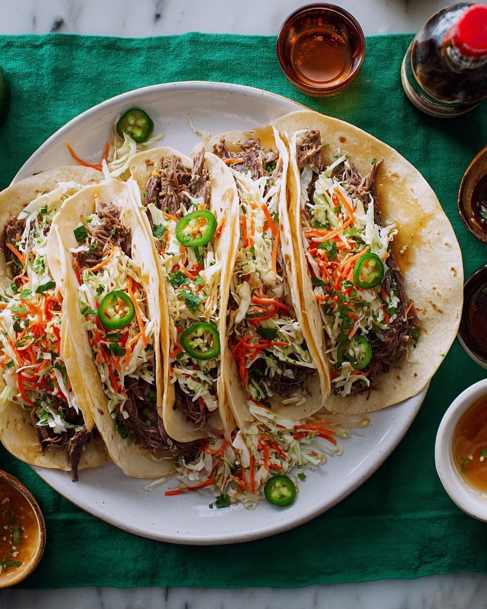Four soft flour tortillas are laid out on a white plate, each folded and filled with shredded dark brown meat at the bottom layer. On top of the meat, there is a colorful mix of shredded white cabbage, orange carrot strips, and finely chopped green herbs. Thin slices of green and red chili peppers are scattered over the vegetable mix, adding brightness and texture. The plate is placed on a green cloth on a white marbled surface, surrounded by small bowls with sauces and a bottle with a red cap nearby. photo taken with an iphone --ar 4:5 --v 7