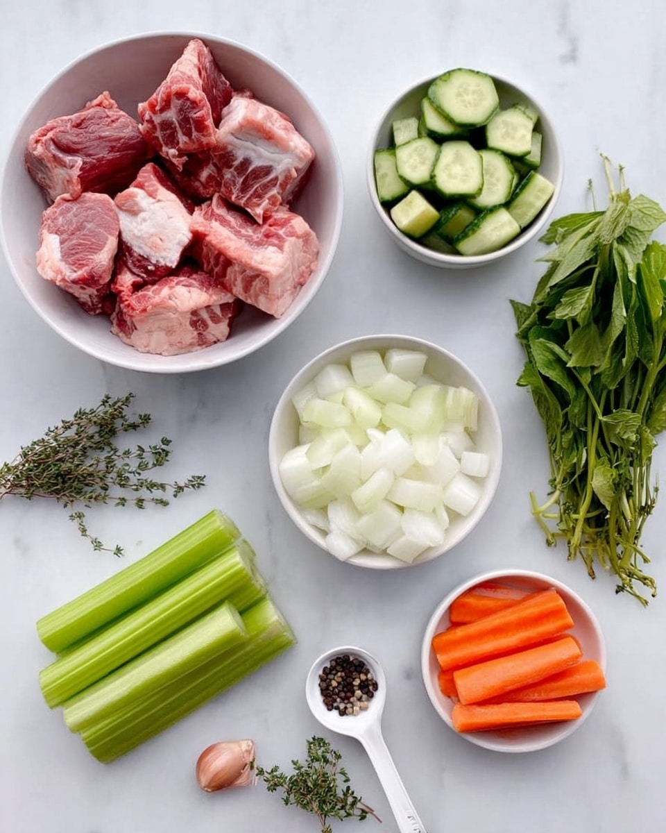 The image shows a white bowl filled with raw red meat pieces with white fat layers, placed at the top left. To the top right, there is a white bowl with sliced cucumber pieces in light green and pale whitish-green colors. Below the meat bowl, a small white bowl contains white onion chunks. To the right side of the onion bowl, there is a bunch of fresh green leafy herbs. On the bottom left, a white bowl holds light green celery stalks. At the center bottom, there is a small bunch of thyme with dark green leaves. About a small white spoon with black peppercorns inside is below the thyme. Next to the peppercorns, a small piece of white garlic with a pinkish tint is seen. On the bottom right, there are peeled bright orange carrot sticks. All items are placed on a white marbled surface. Photo taken with an iphone --ar 4:5 --v 7