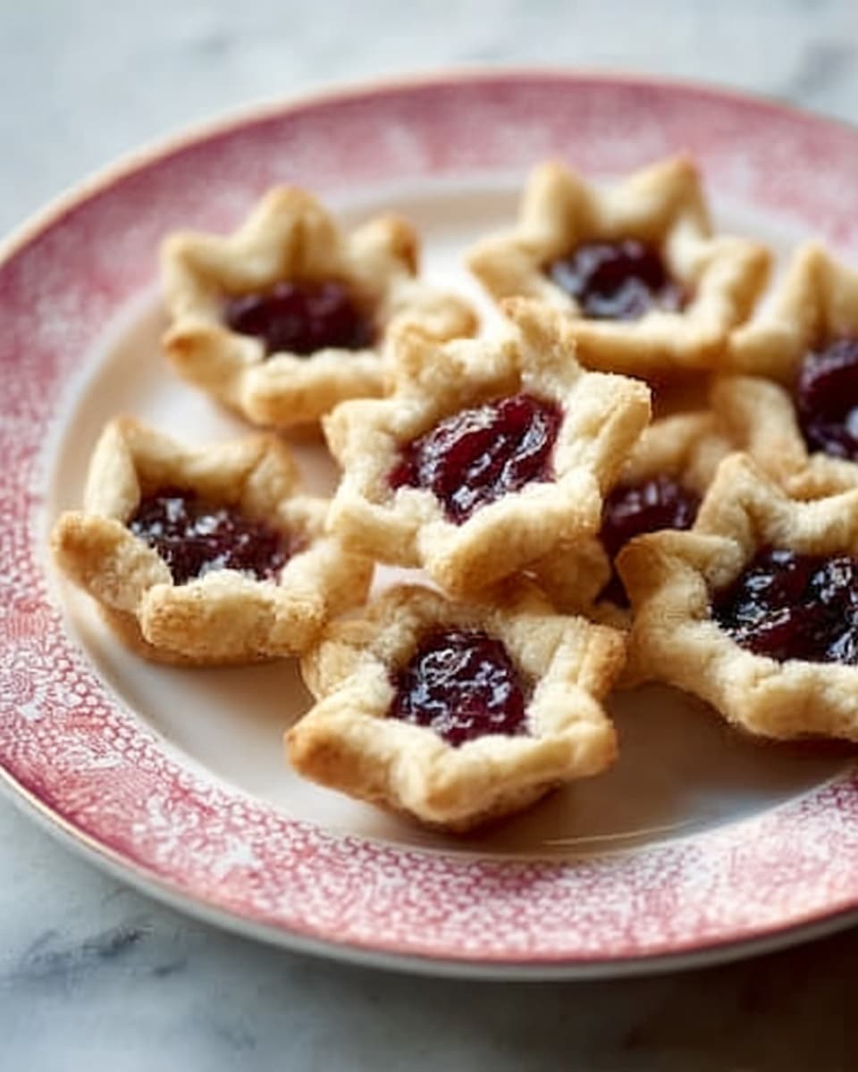 The image shows a white plate with a pink patterned rim resting on a white marbled surface. On the plate are small tartlets arranged closely together, each made of a light golden, crumbly dough shaped like a star with slightly raised edges. Inside each tartlet is a dark red filling that looks rich and sticky, contrasting with the pale dough. The tartlets look fresh and inviting, with the dough’s texture appearing soft but firm enough to hold the filling. Photo taken with an iphone --ar 4:5 --v 7