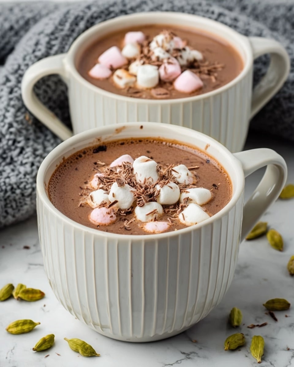 The image shows two white ceramic mugs filled with thick hot chocolate, each topped with small white and pink marshmallows scattered across the surface, and thin shavings of chocolate sprinkled on top. The mugs have a ribbed texture with a wide handle on the right side, sitting on a white marbled surface with a few green cardamom pods scattered around. A grey knitted cloth is placed behind the mugs, adding a cozy feel. The hot chocolate is rich brown, smooth, and creamy, filling almost to the rim of each mug. Photo taken with an iphone --ar 4:5 --v 7