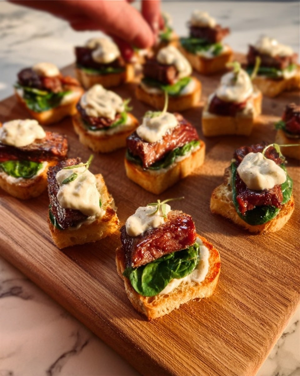 The image shows a wooden board on a white marbled surface filled with many small layered snacks. Each snack has a base of a light golden toasted bread slice. On top of the bread is a layer of bright green spinach leaves. Above the spinach, there are thick slices of reddish-brown cooked meat. The snacks are finished with a dollop of thick white sauce on top. A woman's hand is gently holding one snack near the corner of the board. The lighting is warm, showing the texture of each layer clearly. photo taken with an iphone --ar 4:5 --v 7
