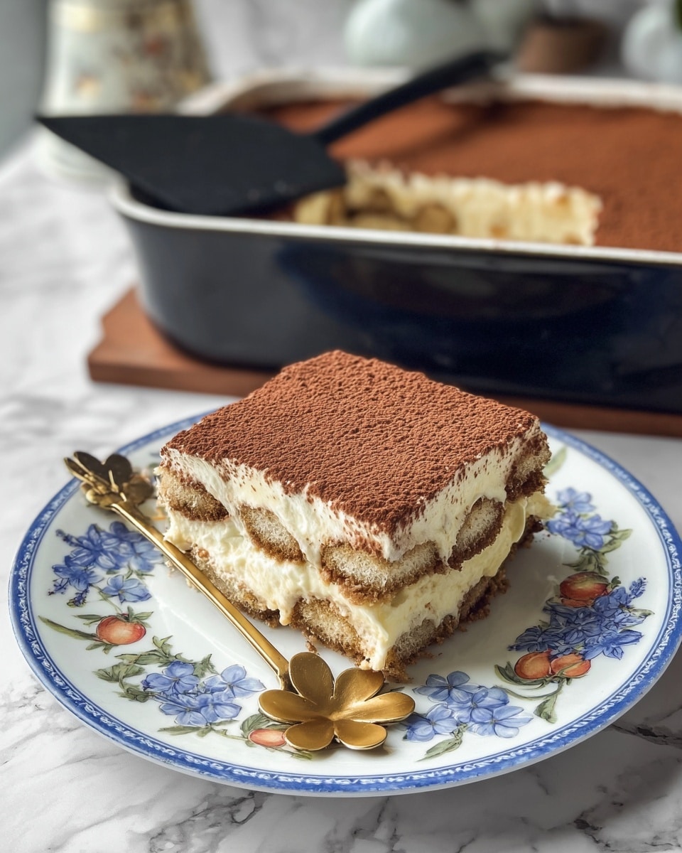 A square piece of tiramisu is placed on a white plate with blue floral and fruit patterns. The dessert has three visible layers: the top layer is smooth and dusted with fine cocoa powder in a rich brown color, the middle layer is creamy and pale yellow, and the bottom layer includes soaked ladyfinger biscuits with a light brown coffee color. Behind the plate, there is a black rectangular baking dish with a partially eaten tiramisu, showing similar creamy light layers inside. A black spatula is resting in the baking dish. The surface is a white marbled texture. A gold spoon with a flower-shaped end lies on the plate next to the dessert. Photo taken with an iphone --ar 4:5 --v 7