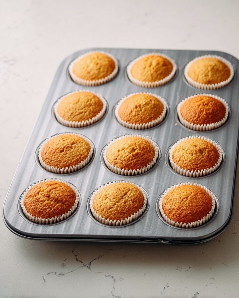 Chai Cupcakes with Cinnamon Frosting Recipe 4 A gray metal muffin tray holds twelve evenly spaced golden brown cupcakes, each in a white paper liner with slightly ruffled edges. The cupcakes have a soft, slightly textured top, some with small cracks, showing a light, fluffy inside. The tray sits on a white marbled surface. The lighting is soft and natural, highlighting the warm tones of the cupcakes. photo taken with an iphone --ar 4:5 --v 7