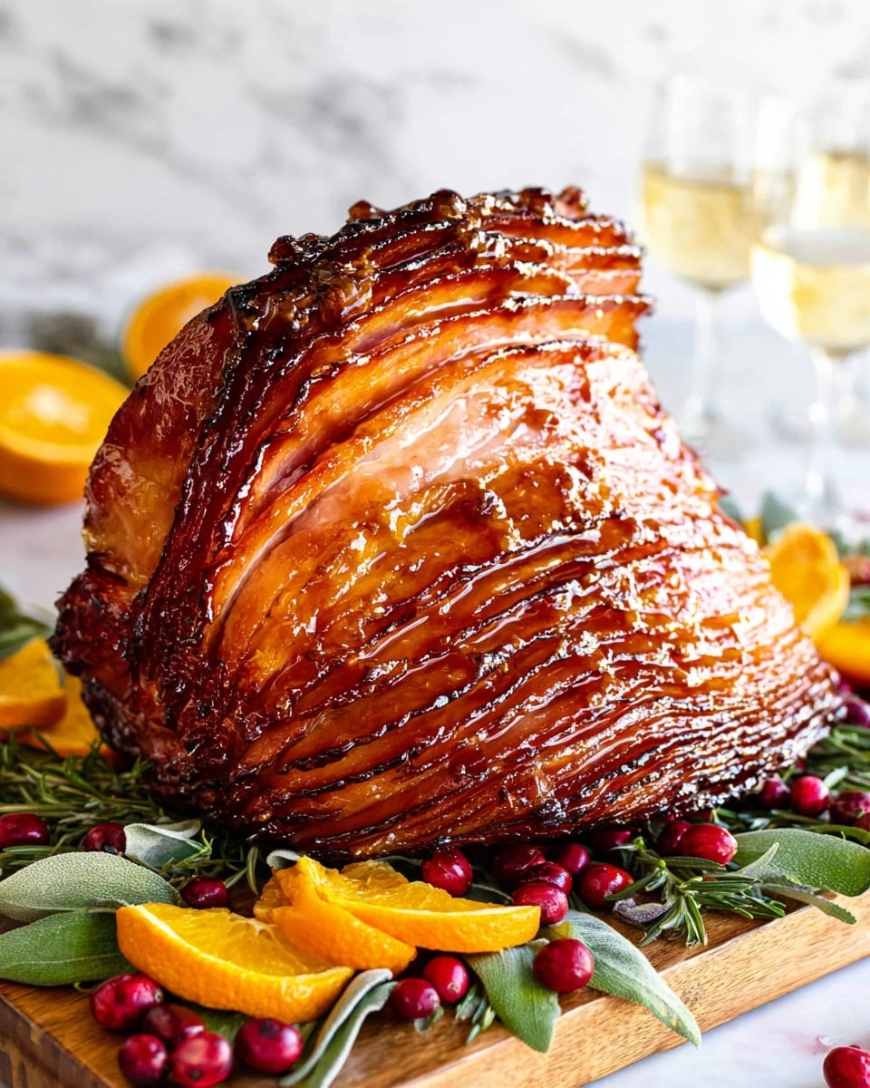 A large glazed ham sits on a white plate with a blue rim, showing a shiny, golden-brown surface with a diamond-shaped pattern scored into the skin. Each diamond section is decorated with whole cloves, adding texture and dark spots to the glossy glaze. The ham’s skin looks crispy and caramelized, reflecting light, while some sauce pools slightly on the plate beneath it. In the background, there is a white marbled surface, a blurred white bowl, and a folded red cloth, creating a clean and simple setting. photo taken with an iphone --ar 4:5 --v 7