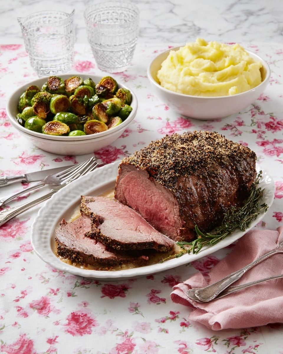 A large piece of roast beef with a dark, seasoned crust sits on the right side of a white rectangular plate. The inside of the meat is light pink and looks tender with visible meat fibers. Surrounding the roast are small roasted red and white potatoes with a slightly golden, crispy skin, as well as bright green roasted Brussels sprouts with slight browning. The background is a white marbled surface, and a silver carving fork and knife rest near the front of the plate. Photo taken with an iphone --ar 4:5 --v 7