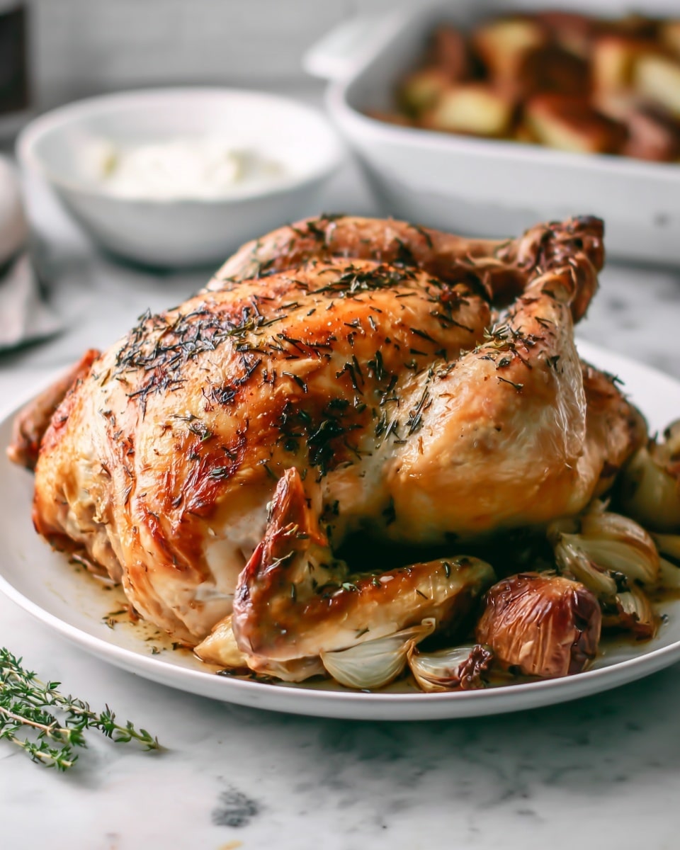 A whole roasted turkey with golden brown skin and visible herbs sits centered on a white plate with colorful floral patterns. Around the turkey, there are fresh green rosemary and sage sprigs, and bright orange slices are placed on both sides of the turkey for decoration. The plate rests on a beige cloth with a subtle pattern, and in the background, there is a glass vase with yellow flowers and a white bowl filled with green beans. The scene is bright and warm, showing a festive, inviting meal setting. Photo taken with an iphone --ar 4:5 --v 7