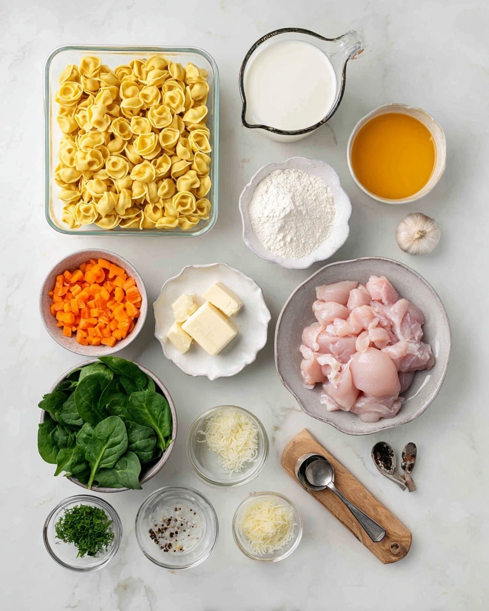 The image shows an organized arrangement of cooking ingredients on a white marbled surface. In the center, there is a white rectangular container filled with yellow tortellini pasta. Above it, on the right side, are two clear glass measuring cups; one filled with light orange broth and the other with white milk. To the right of the tortellini, a white bowl contains raw pale pink chicken pieces, and next to it, a white scalloped bowl holds white flour. Above these, a small blue bowl is filled with chopped white onions. On the bottom left side, a small bowl contains bright orange diced carrots, with a blue bowl of grated pale cheese just above it. Next to this, a bowl of fresh green spinach leaves sits. Above the spinach, a small white dish holds finely chopped garlic. On the top left, a small glass bowl contains chopped fresh green herbs, and next to it are smaller glass bowls with dried spices, red chili flakes, and a small amount of clear liquid. The lower right corner holds a wooden board with spoons of black pepper and salt. All items are neatly spaced out, with clear colors and textures visible. photo taken with an iphone --ar 4:5 --v 7